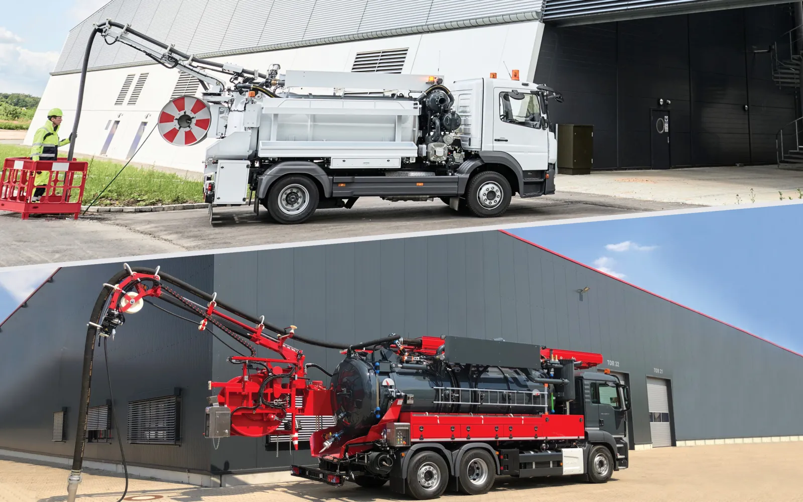 Compact Bucher CityFlex sewer cleaning vehicle and red and black KROLL combination vehicle in front of production halls